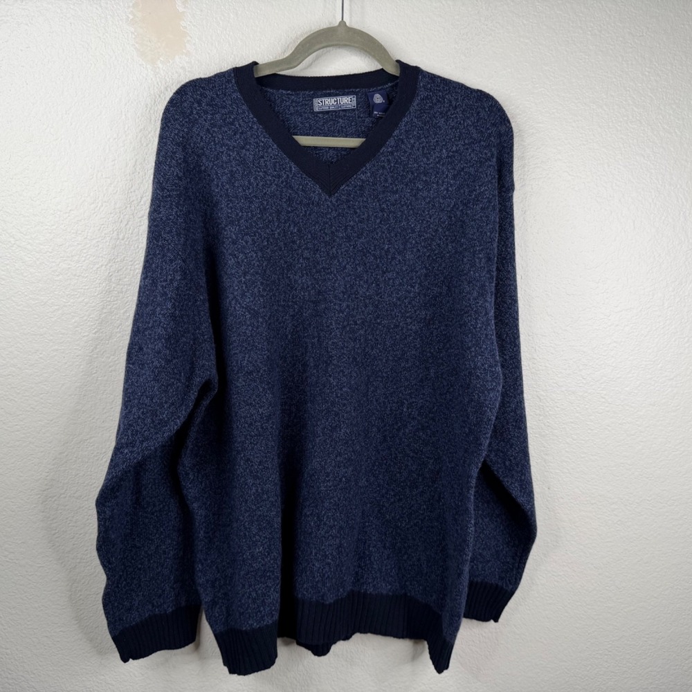 Structure Men's Sweater Blue Sz L 100% Lambswool Pullover V Neck Oversized